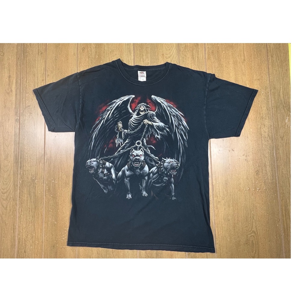 Fruit of the Loom HD Cotton Grim Reaper Pitbull Graphic Tee Black Mens L Y2k